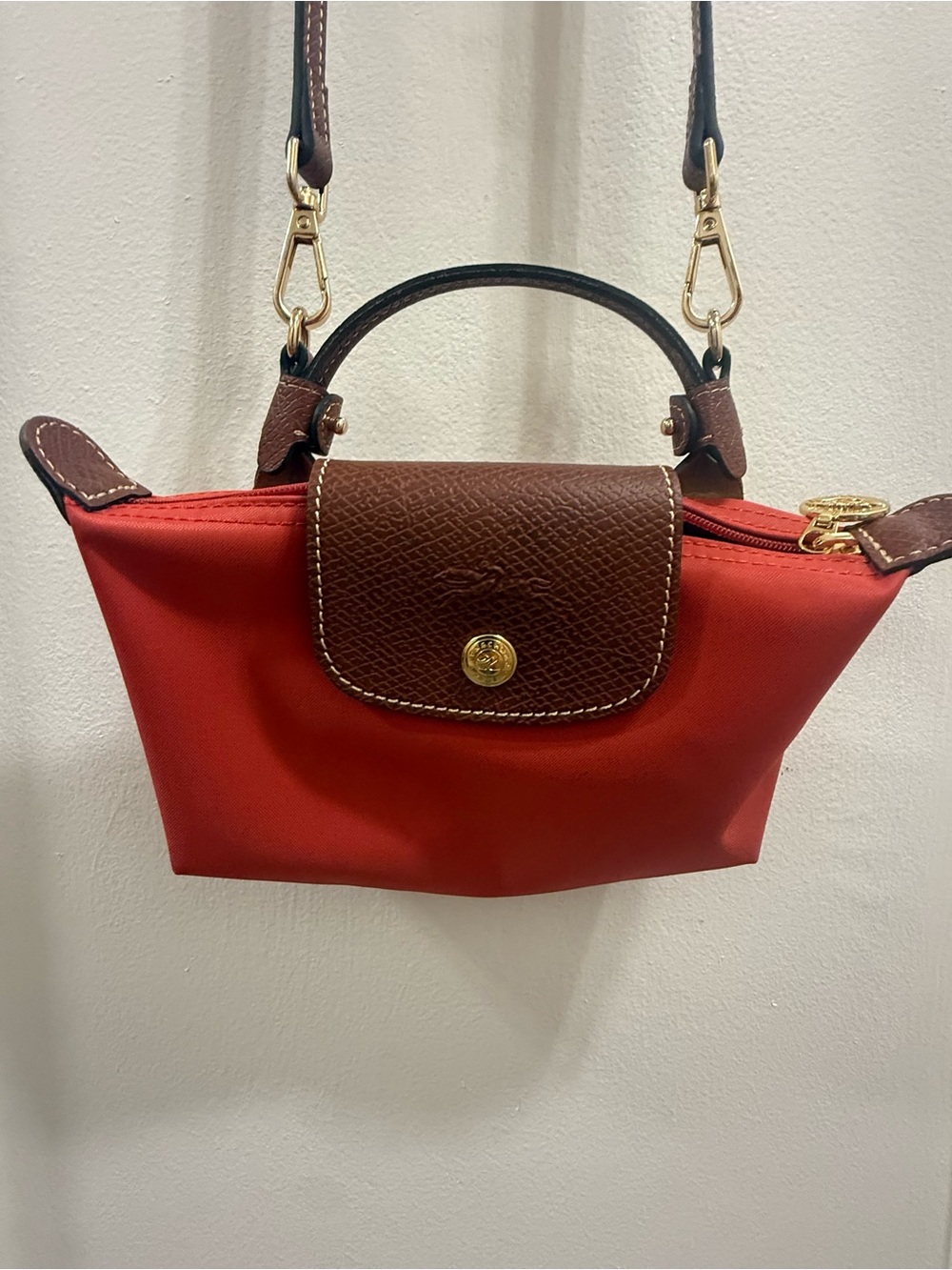Longchamp Le Pilage cosmetic case Red Orange Crossbody Tote with Brown Trim